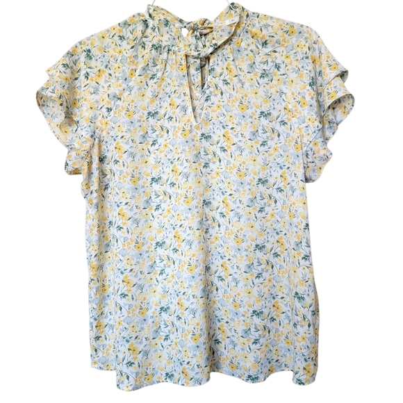 Yellow Floral Blouse Large Ruffle Sleeve Tie Neck Top EUC - Picture 1 of 11